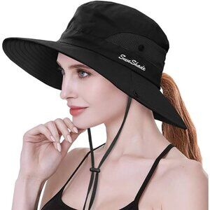 Womens Black Polyester Wide Brim Mesh Boonie Uv Protection Chin Strap Cowboy Hat